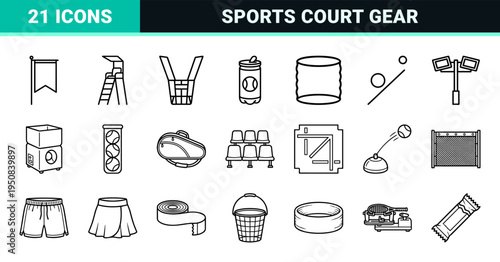 Tennis Tournament and Athletic Club Monoline Outline Symbols Featuring Professional Court Equipment and Sports Gear in Sophisticated Neo-Line Style