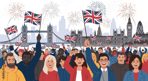 Illustration of a diverse crowd celebrating with Union Jack flags and fireworks in London's cityscape background.