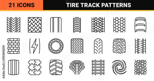 Automotive Tire Tread Patterns Technical Monoline Symbols Niche Vehicle Track Outlines for Engineering and Transport Graphics