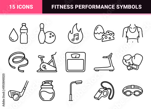 Professional Athletic Training and Health Monitoring Line Art Icons Featuring Minimalist Gym Equipment and Sports Performance Tracking Symbols