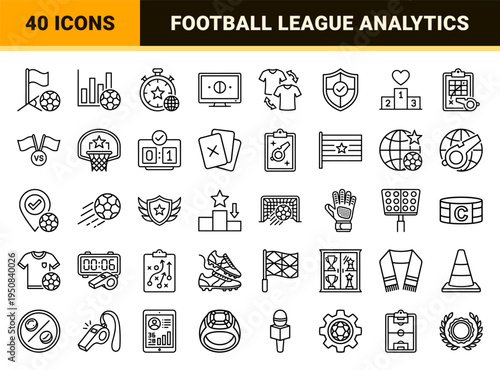 Soccer and Football League Management Monoline Icons Featuring Tournament Brackets Referee Tools Stadium Analytics and Championship Symbols