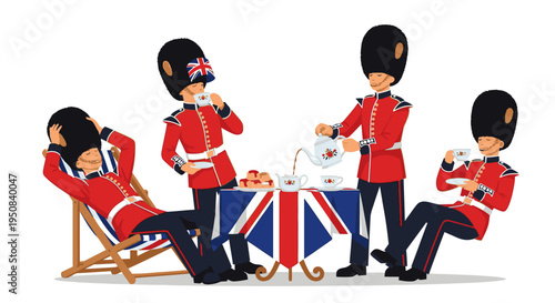 Illustration of four British guardsmen in red uniforms sitting and standing around a Union Jack table with tea on a white background.