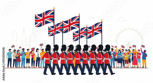 Illustration of British guards marching with Union Jack flags in front of a crowd of people with a London cityscape in the background with a patriotic mood.