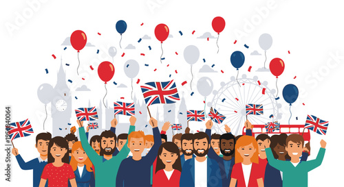 Illustration of a diverse crowd celebrating with Union Jack flags and balloons on a white background with a festive mood.