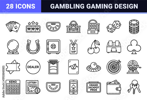 Gambling and Casino Entertainment Monoline Outline Symbols Featuring Slot Machines Roulette Poker Chips and Betting Industry Visual Geometry