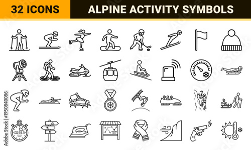 Winter Sports and Alpine Recreation Outline Icons Featuring Skiing, Snowboarding, and Mountain Activity Symbols in Minimalist Monoline Style.