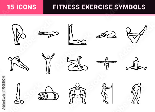 Minimalist Yoga Pictogram and Stretching Pose Symbol Set featuring Clean Monoline Geometric Human Figures for Wellness and Fitness Design.