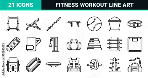 Fitness Equipment Monoline Symbols for Strength Training and Gym Infrastructure in Minimalist Technical Aesthetic Line Art Style
