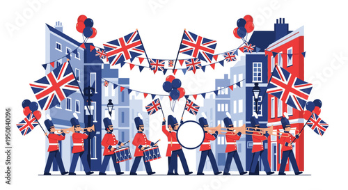 Illustration of people marching with British flags and bunting in a city street with buildings, conveying a celebratory mood with red, white, and blue colors.