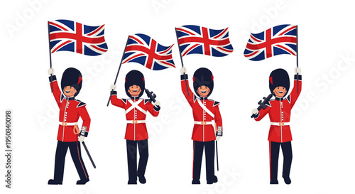Illustration of four British guards in traditional uniforms holding Union Jack flags and musical instruments on a white background.