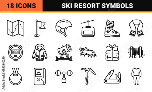Alpine Winter Sports and Mountain Tourism Monoline Symbols for Ski Resort Maps, Cold Weather Activity, and Outdoor Adventure Technical UI Design.