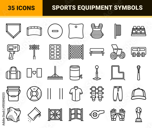 Minimalist Baseball Field and Equipment Line Symbols for Technical Sports Graphics and Professional Athletic Facility Wayfinding.