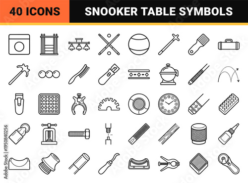 Billiards and Snooker Equipment Line Symbols for Professional Sports Signage and Digital Game Interface Design in Minimalist Monoline Style