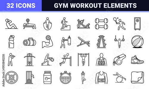 Monoline Exercise and Gym Equipment Line Art Symbols featuring Workout Actions, Fitness Machinery, and Bodyweight Training Minimalist Graphics