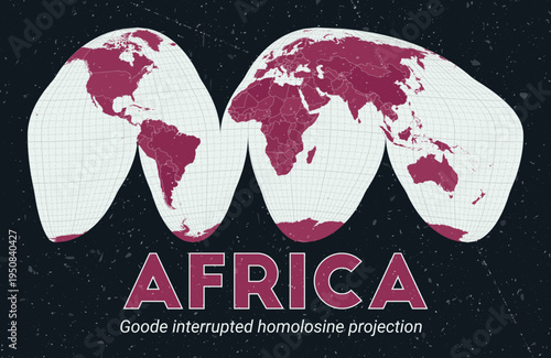 Africa. World map. Goode interrupted homolosine projection centered to Africa. Pale Mint Dark Pink palette. Vintage texture. Appealing vector illustration.