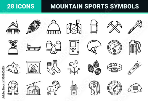 Minimalist Alpine Winter Sports and Mountain Tourism Monoline Symbols for Outdoor Recreation and Ski Resort Wayfinding Systems