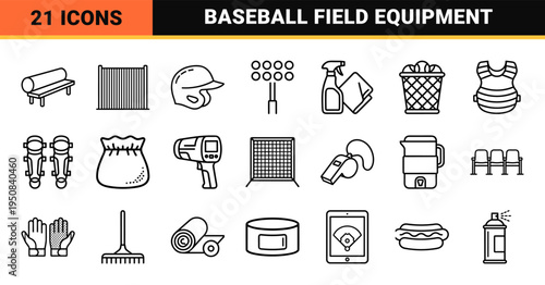 Professional Baseball Athletics Line Art Symbols for Competitive Sports Equipment and Stadium Facility Management Graphics