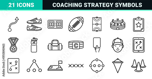 Tactical Sports Strategy Playbook Symbols in Technical Monoline Style featuring Clipboard Management and Athlete Formation Outline Graphics
