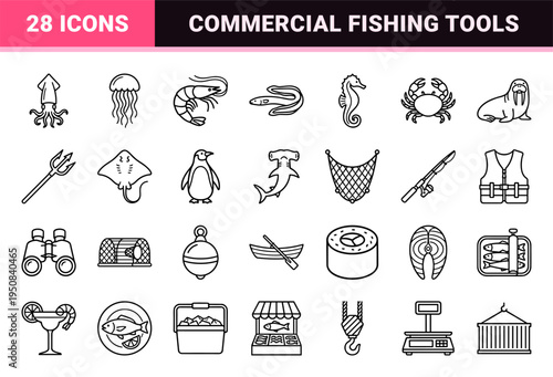 Marine Biology and Commercial Fishing Monoline Outline Symbols Featuring Diverse Aquatic Species and Seafood Industry Equipment Visuals