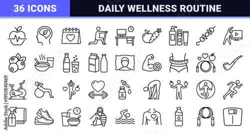 Wellness and Healthy Lifestyle Monoline Outline Symbols for Fitness Apps and Mental Health Coaching Visuals in Minimalist Black and White Art