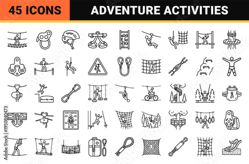 Adventure Park Zip Line and Aerial Obstacle Symbols in Sleek Monoline Style for Outdoor Recreation and Extreme Sports Signage Design