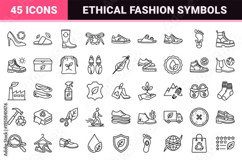 Sustainable Footwear and Eco-Friendly Apparel Manufacturing Monoline Outline Symbols for Ethical Fashion Branding and Retail Interfaces.