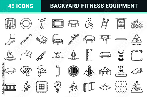 Trampoline Gymnastics and Recreational Jumping Monoline Outline Symbols for Backyard Safety, Fitness Rebounding, and Indoor Park Equipment.