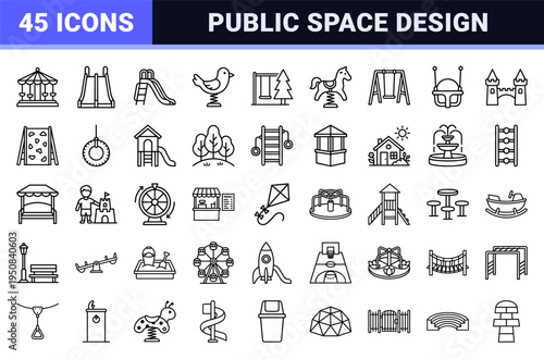 Urban Playground Equipment and Public Park Amenities Outline Symbols in a Technical Monoline Style for Landscape Architecture and City Planning.