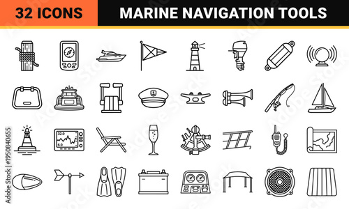 Luxury Motor Yacht and Maritime Navigation Symbols Featuring Sophisticated Monoline Outlines for High-End Nautical Branding and Digital Interfaces