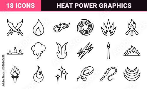 Thermal Energy and Combustion Monoline Symbols featuring Minimalist Fire Outlines and Sleek Heat Velocity Graphics for Technical Design
