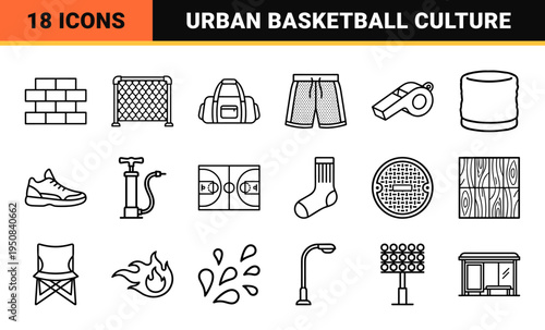 Urban Street Basketball and Sport Culture Symbols Featuring Monoline Outlines for Technical Design Projects and Athletic Lifestyle Branding