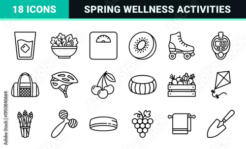 Wellness and Healthy Lifestyle Line Art Symbols Featuring Spring Nutrition Exercise and Mindfulness Minimalist Monoline Aesthetic