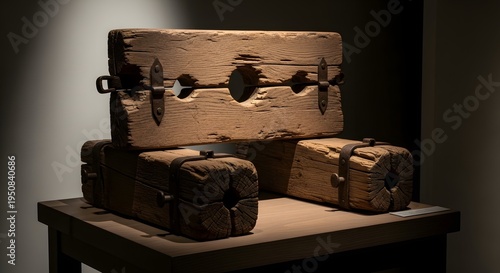 Historical wooden stocks used for punishment displayed on a wooden table under soft museum lighting