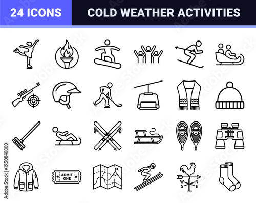 Minimalist Winter Games Athletics Monoline Symbols for Sports Interface Design and Tournament Branding Featuring Competitive Alpine Events