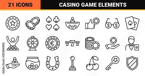 Casino and Gambling Monoline Icon Set featuring Minimalist Poker Chips Playing Cards and Slot Machine Symbols for Interface Design and Apps
