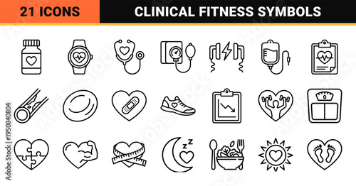 Cardiovascular Wellness and Fitness Integration Line Art Symbols for Medical and Gym Branding