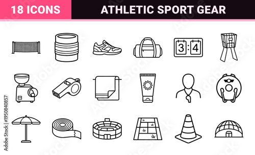 Minimalist Tennis Sport Outline Symbols for Tournament Branding and Athletic App Interface Design featuring Monoline Equipment and Player Actions.