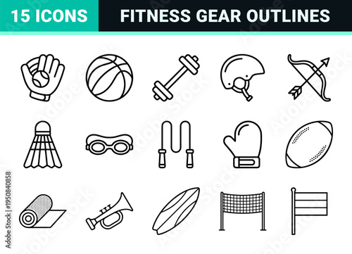 Professional Sports Equipment Monoline Symbols for Athletic Branding and Fitness Interface Design featuring Sleek Technical Outline Aesthetic.