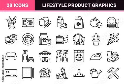 Retail and Lifestyle Essentials Monoline Symbols for Interface Design Featuring Sophisticated Minimalist Geometry and Uniform 2pt Stroke Weight.