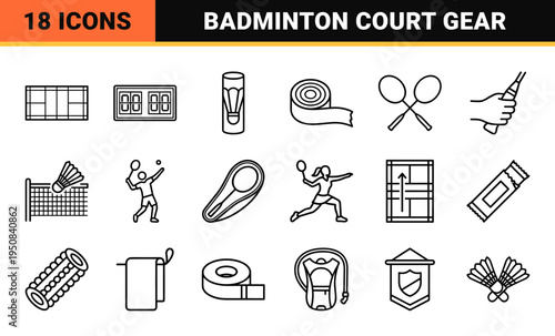 Minimalist Badminton Equipment and Racket Sport Outline Symbols for Athletic Training and Tournament Branding, Technical Monoline Art Style