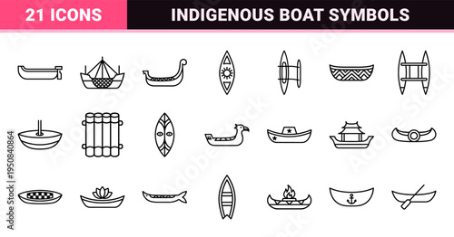 Minimalist indigenous watercraft line art symbols for nautical branding and tribal exploration themes featuring monolinear kayaks and canoes.