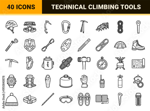 Technical Mountaineering Gear and Ice Climbing Equipment Monoline Icons for Alpine Exploration and Winter Sports Safety Utility Layout