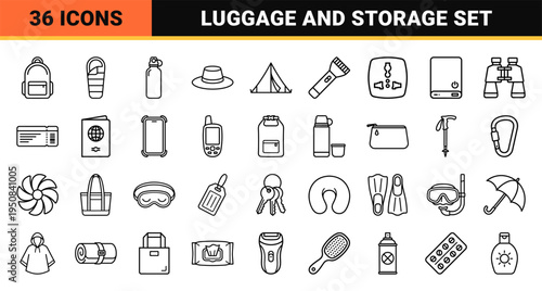 Monoline Travel Gear and Outdoor Equipment Symbols featuring Minimalist Backpacks and Luggage in a Clean Technical Outline Aesthetic