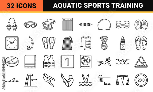 Competitive Swimming Equipment and Aquatic Sports Training Monoline Symbols for Digital Interface and Signage