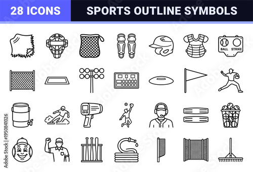 Professional Baseball Athletics Monoline Outline Icons for Sports Branding and Digital Interface Design in Minimalist Technical Line Art.