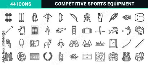 Archery Equipment and Competitive Sporting Goods Technical Monoline Outline Symbols for Training and Precision Athletic Design Projects.