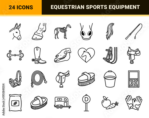 Equestrian Sports and Horse Care Monoline Outline Symbols for Professional Technical Branding and Web Design