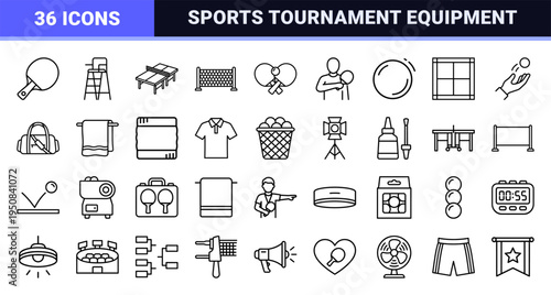 Table Tennis Equipment Monoline Symbols for Sports Interface Design Featuring Ping Pong Paddles Nets and Match Essentials in Minimalist Style.