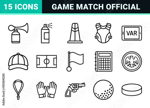 Professional Referee and Sports Officiating Monoline Icon Set featuring Minimalist Whistle, Penalty Cards, and Referee Apparel Technical Symbols.
