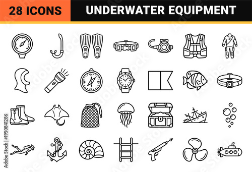 Minimalist Scuba Diving and Snorkeling Equipment Technical Monoline Symbols for Marine Exploration and Water Sports Interface Design.